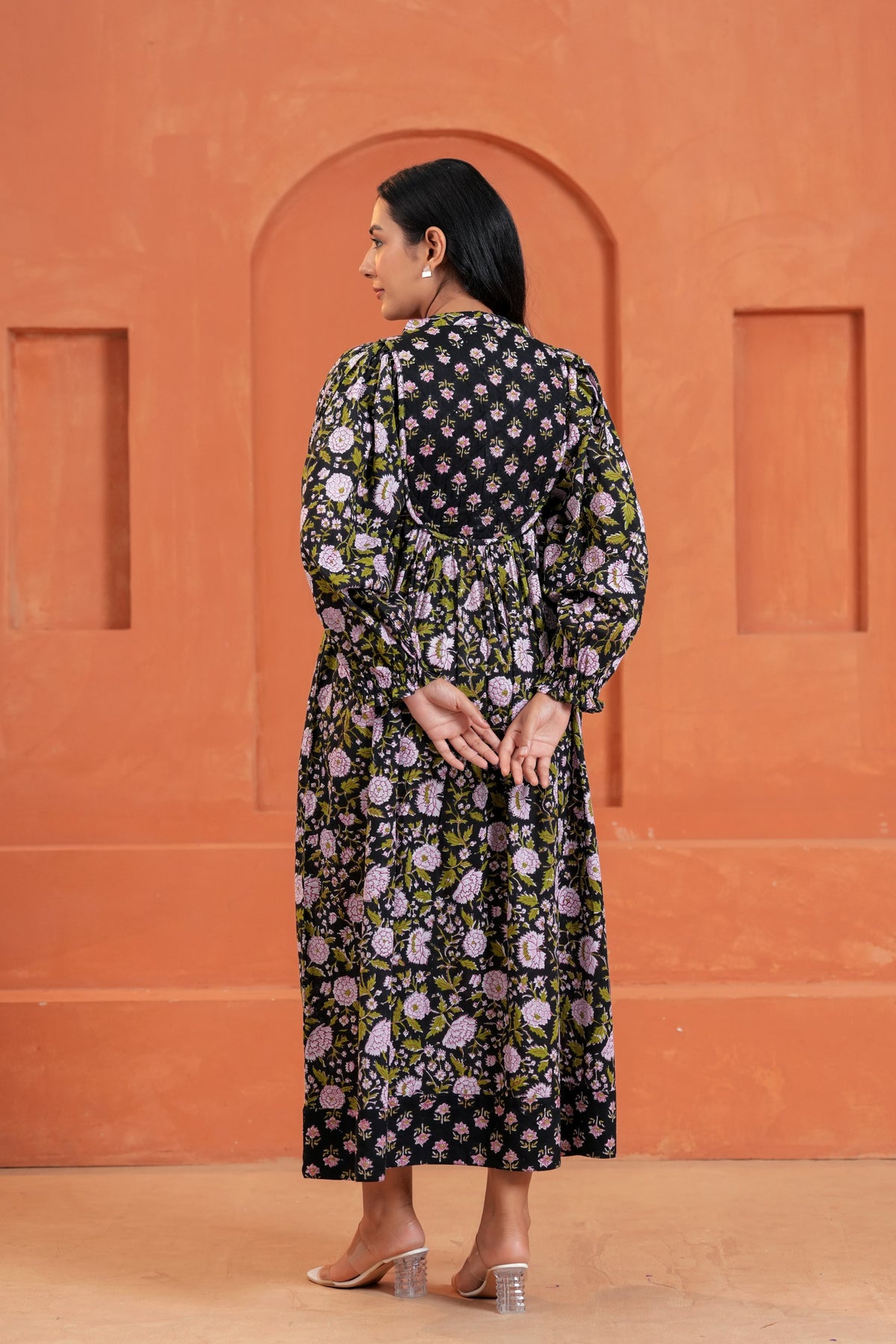 Sienna Cotton Floral Hand Block Print Button-Front Maxi Dress