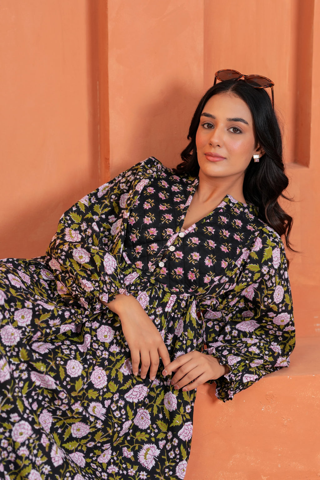 Sienna Cotton Floral Hand Block Print Button-Front Maxi Dress
