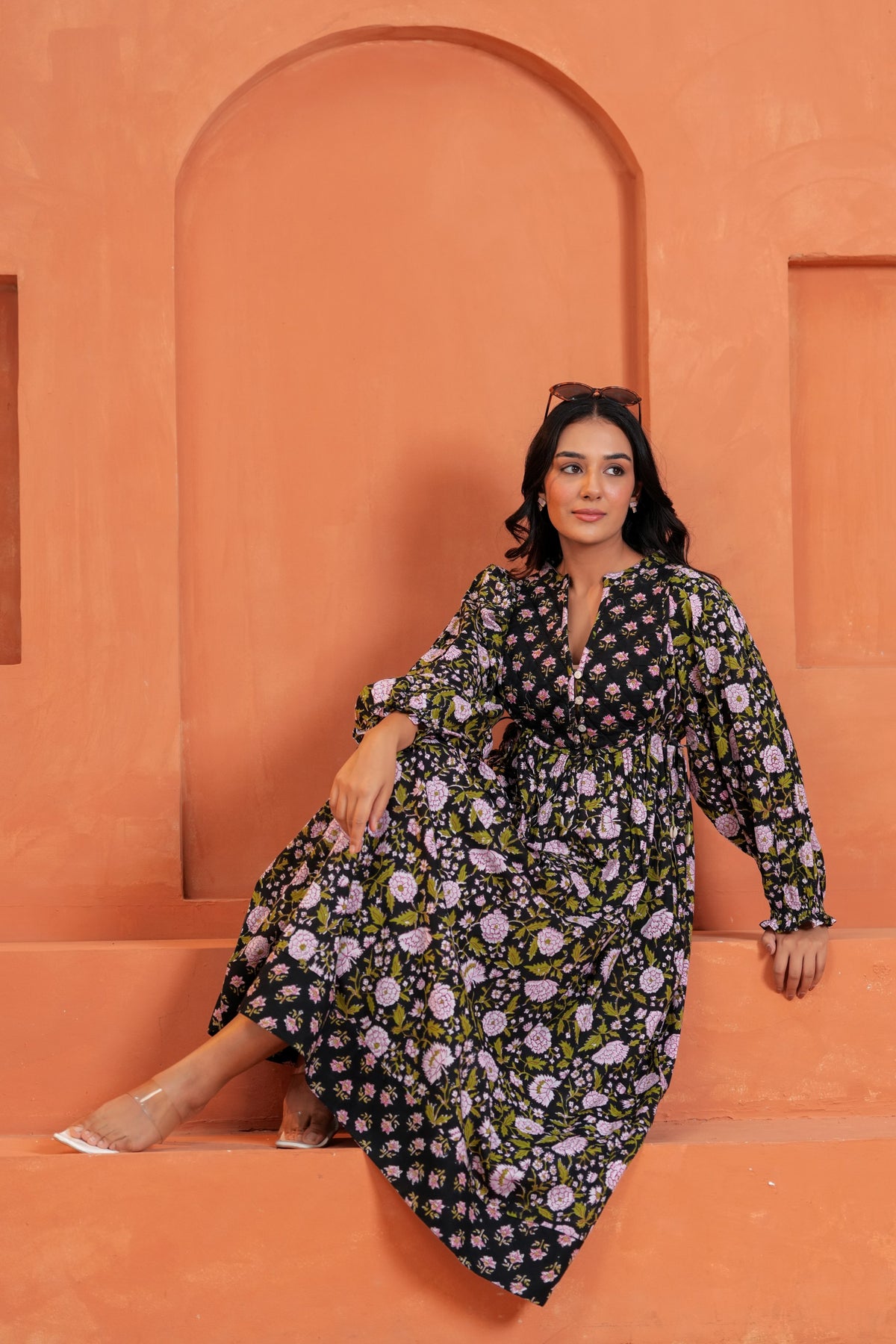 Sienna Cotton Floral Hand Block Print Button-Front Maxi Dress