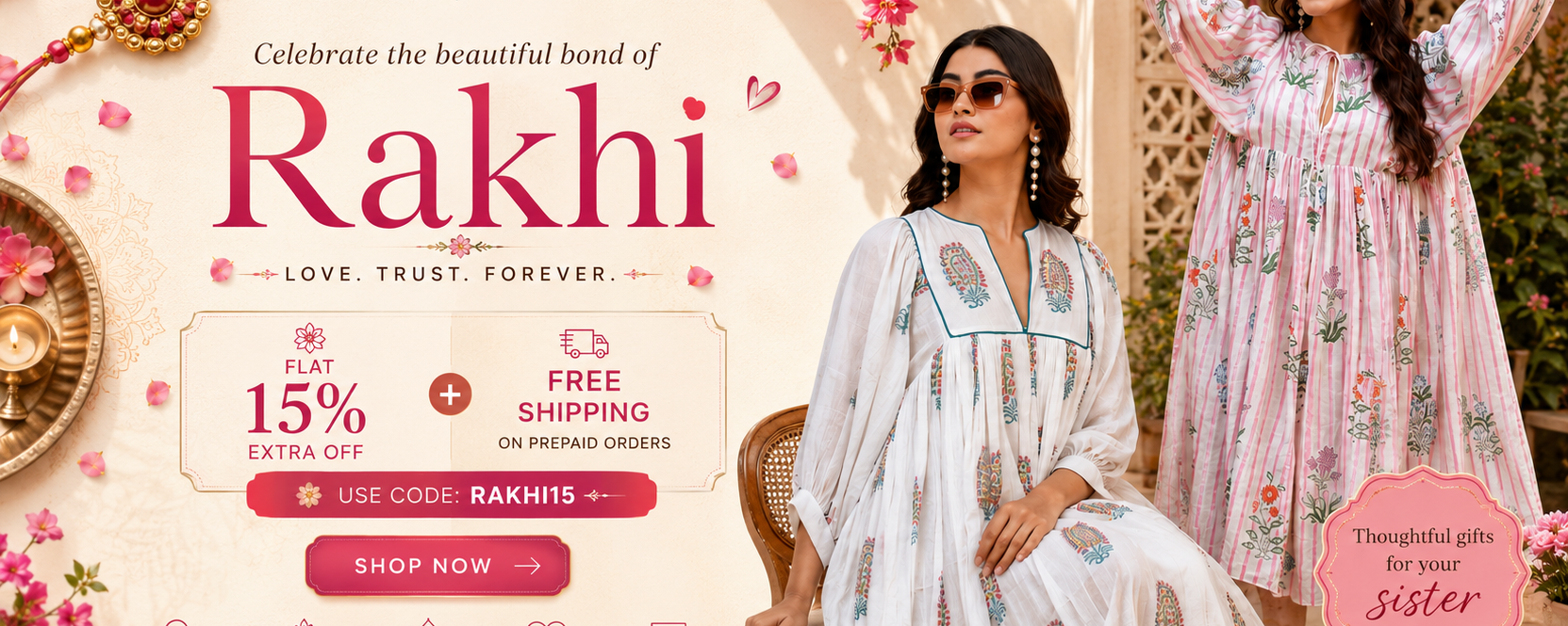 A promotional banner for 'The Jaipur Art' featuring two women modeling traditional Indian ethnic wear. On the left, a woman in a white embroidered kurta sits on a wooden chair, while on the right, another woman in a pink floral printed kurta stands with her hands behind her head.