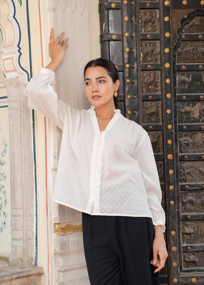 White Cotton Dobby Blouse| Women's Vintage Inspired Long Sleeve Button-Up Shirt