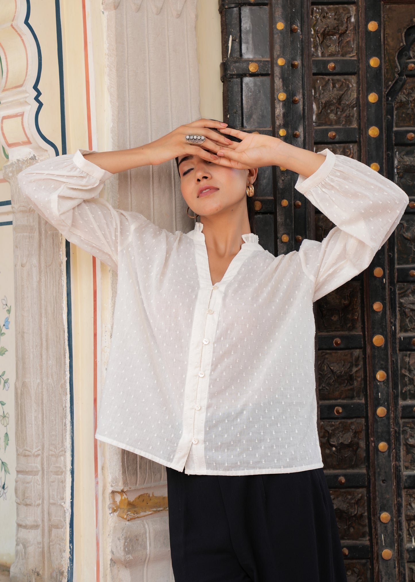 White Cotton Dobby Blouse| Women's Vintage Inspired Long Sleeve Button-Up Shirt