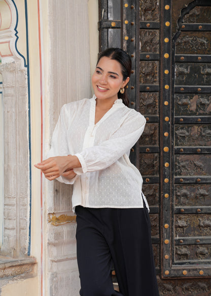 White Cotton Dobby Blouse| Women's Vintage Inspired Long Sleeve Button-Up Shirt