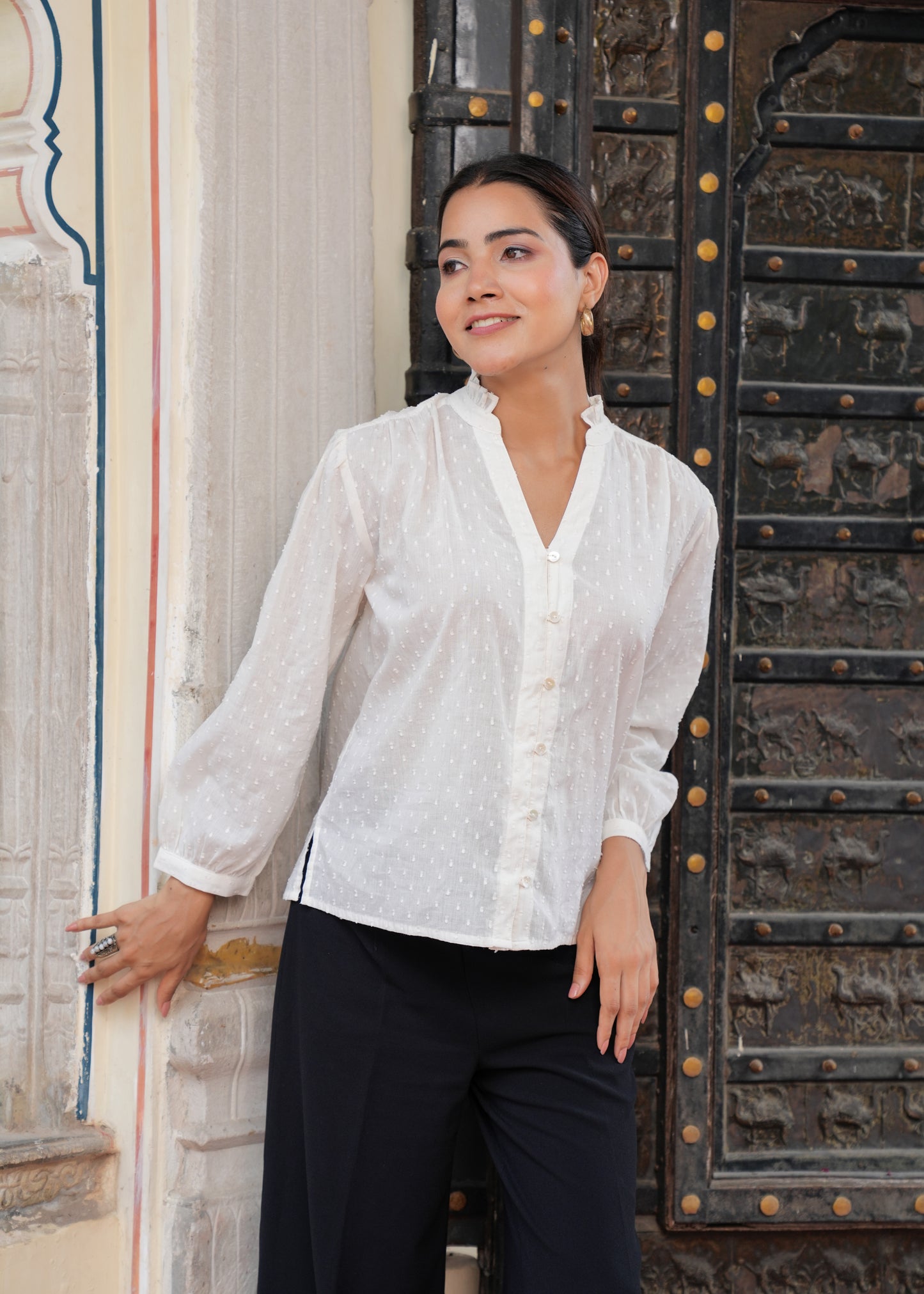 White Cotton Dobby Blouse| Women's Vintage Inspired Long Sleeve Button-Up Shirt