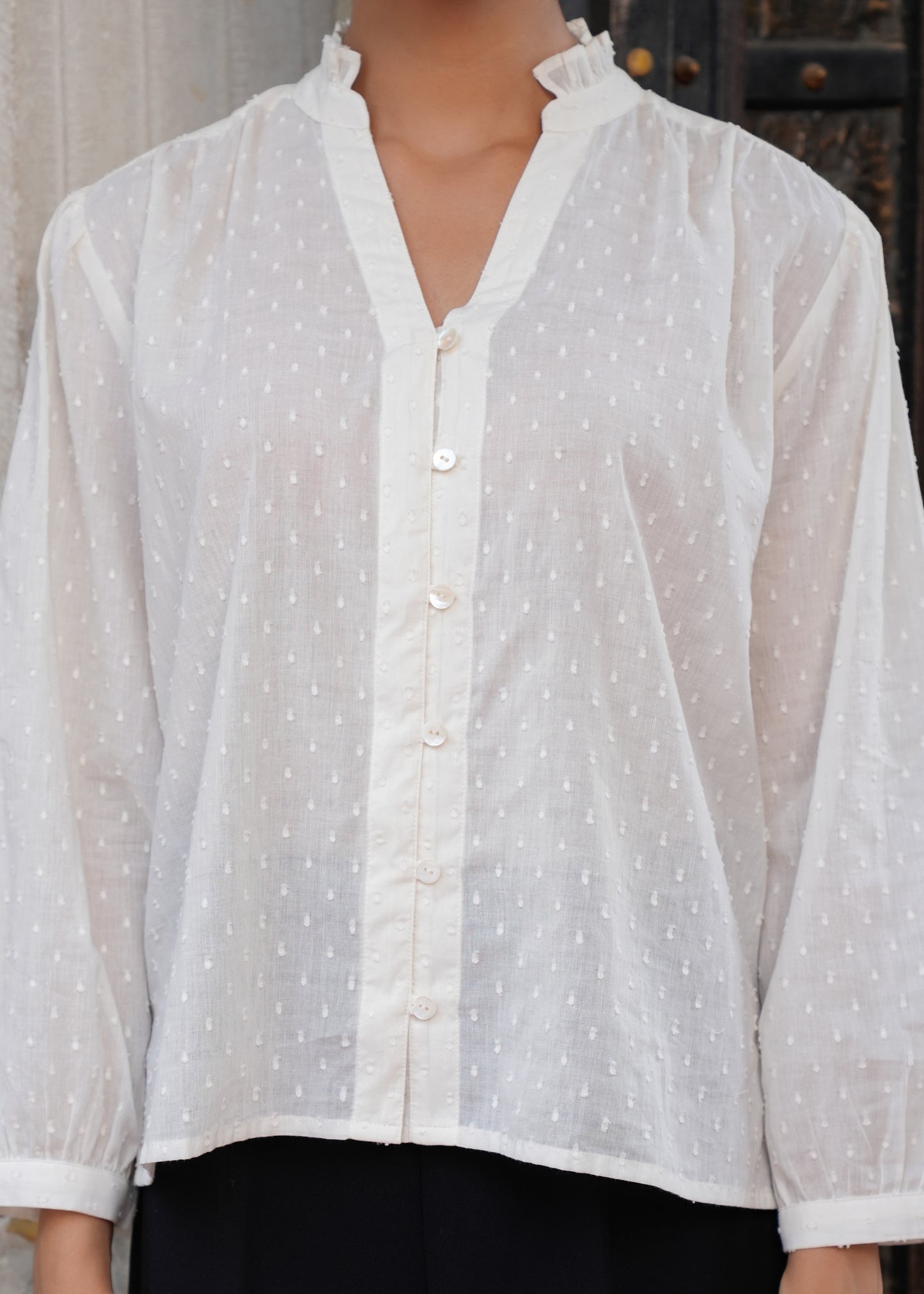 White Cotton Dobby Blouse| Women's Vintage Inspired Long Sleeve Button-Up Shirt