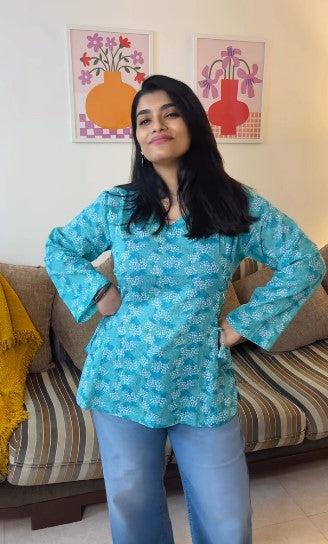 Naira Hand Block Printed Cotton Top for Women | Full Sleeve V-Neck Office Wear Top