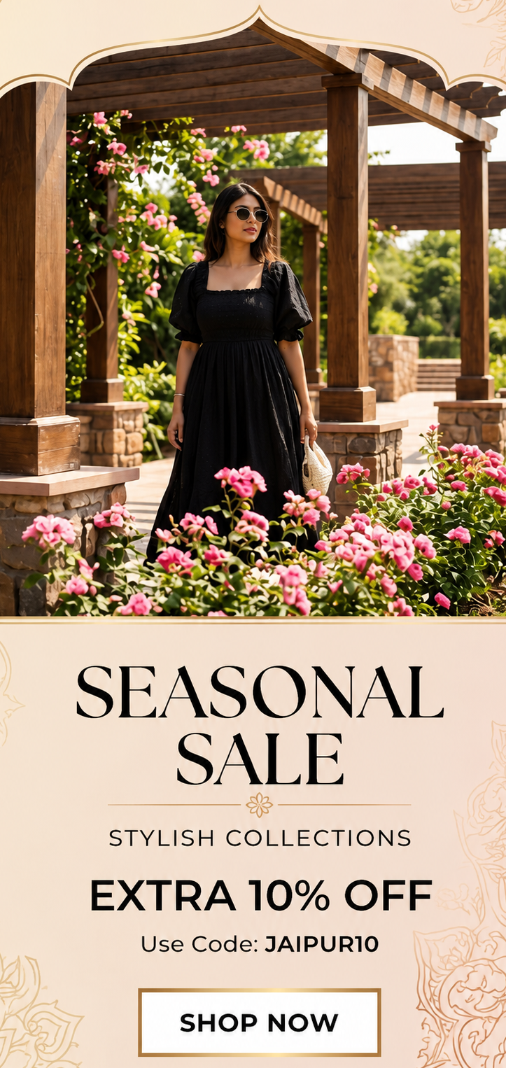 A promotional banner for 'The Jaipur Art' featuring a woman in a black dress standing under a wooden garden pavilion with pink flowers. The lower half has a beige background with text reading 'SEASONAL SALE', 'STYLISH COLLECTIONS', 'EXTRA 10% OFF', 'Use Code: JAIPUR10', and a 'SHOP NOW' button.