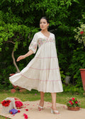White Cotton Handmade Embroidery V Neck Medium Flare Made in India Midi Dress