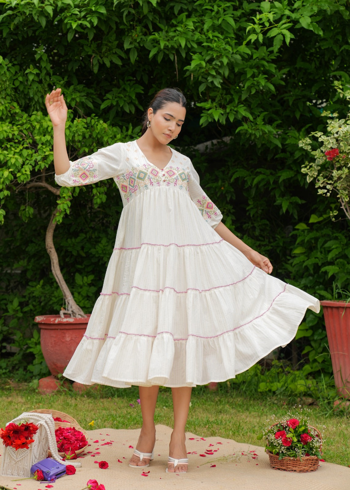 White Cotton Handmade Embroidery V Neck Medium Flare Made in India Midi Dress