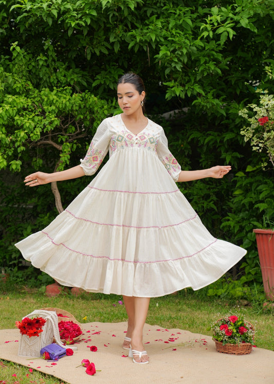 White Cotton Handmade Embroidery V Neck Medium Flare Made in India Midi Dress