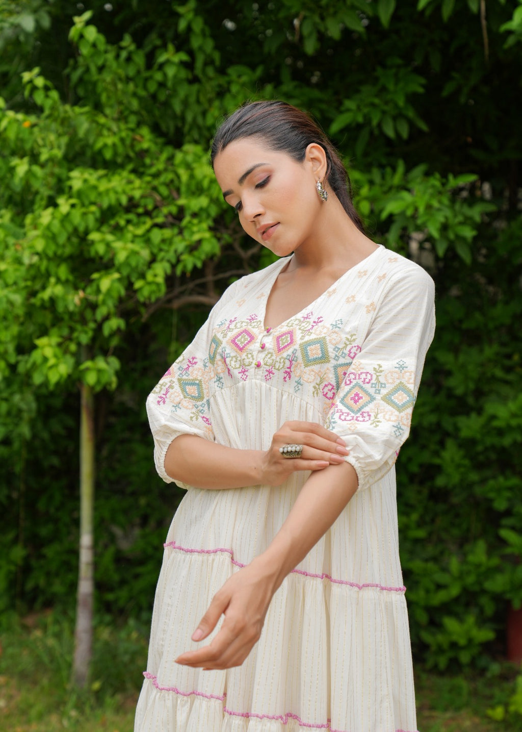 White Cotton Handmade Embroidery V Neck Medium Flare Made in India Midi Dress