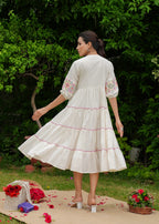 White Cotton Handmade Embroidery V Neck Medium Flare Made in India Midi Dress