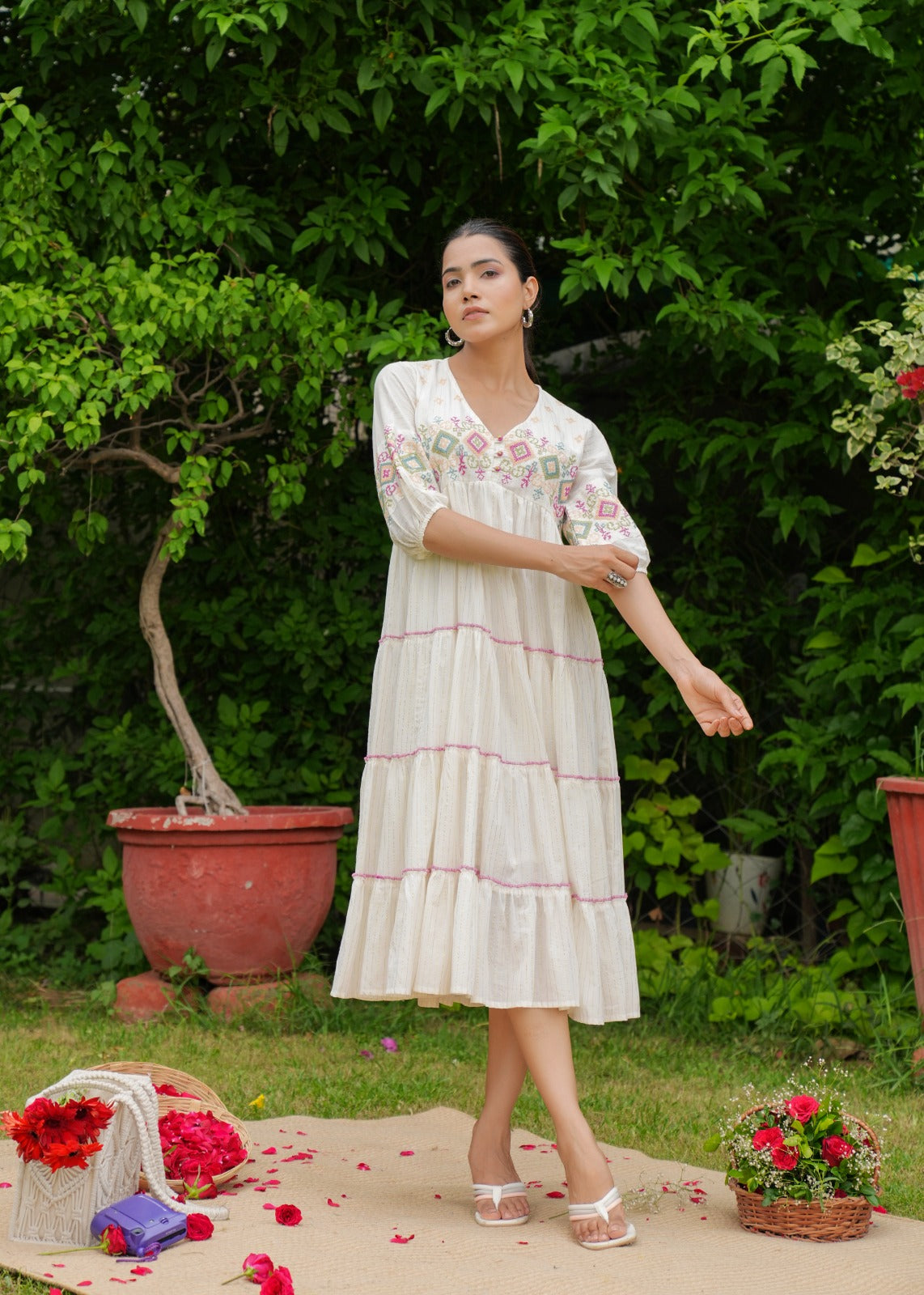 White Cotton Handmade Embroidery V Neck Medium Flare Made in India Midi Dress