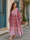 Women's Floral Cotton Maxi Dress | Boho Hand Block Print Long Dress with Full Sleeves