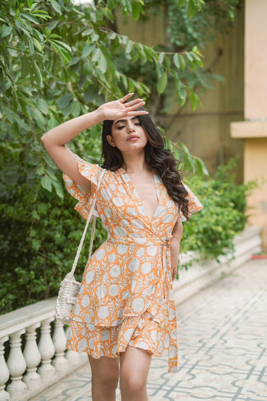 Hand Block Printed Aisha Wrap Around Mini~ Mandarin