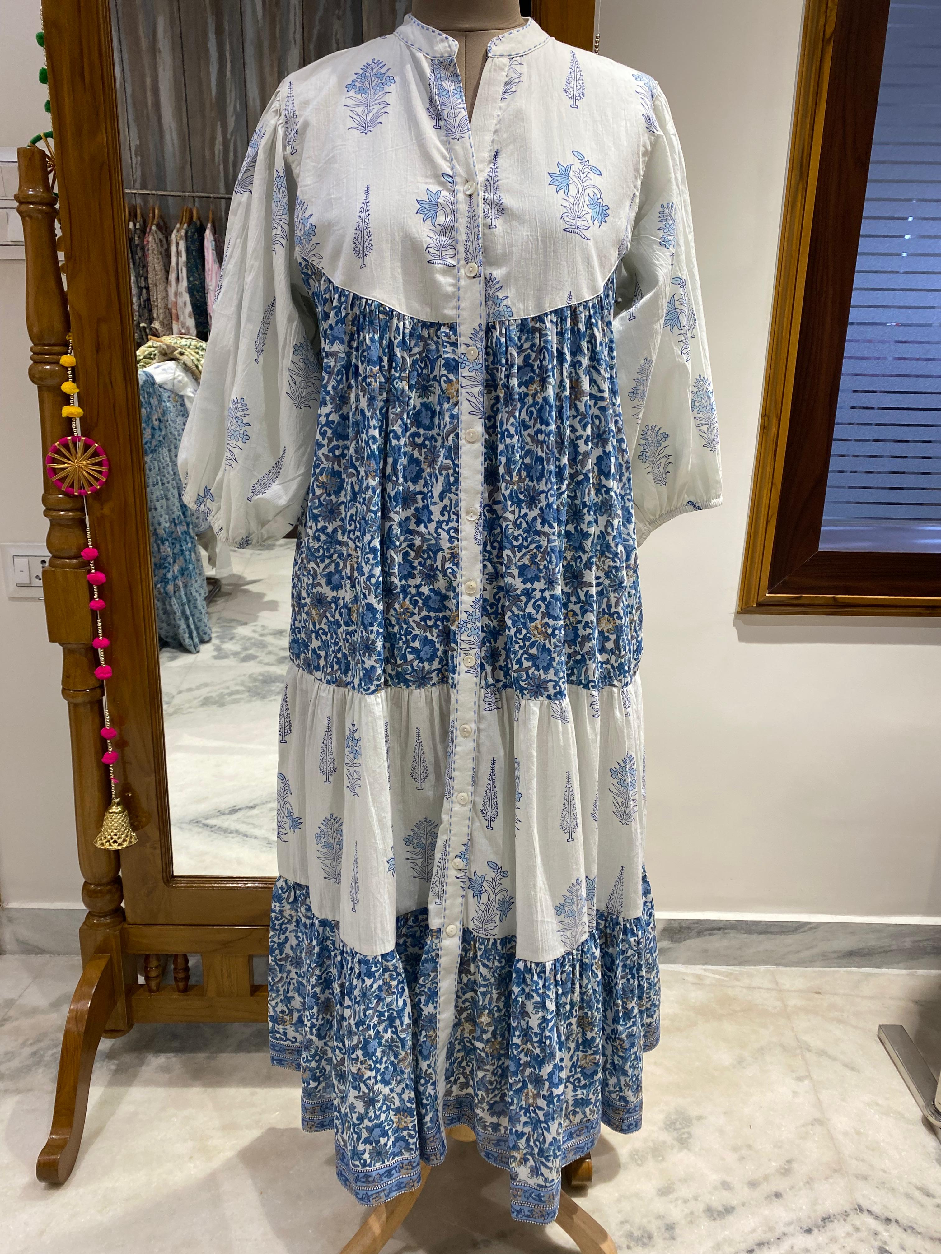 Introducing Beautiful Hand Block printed White Blue Midi Dress