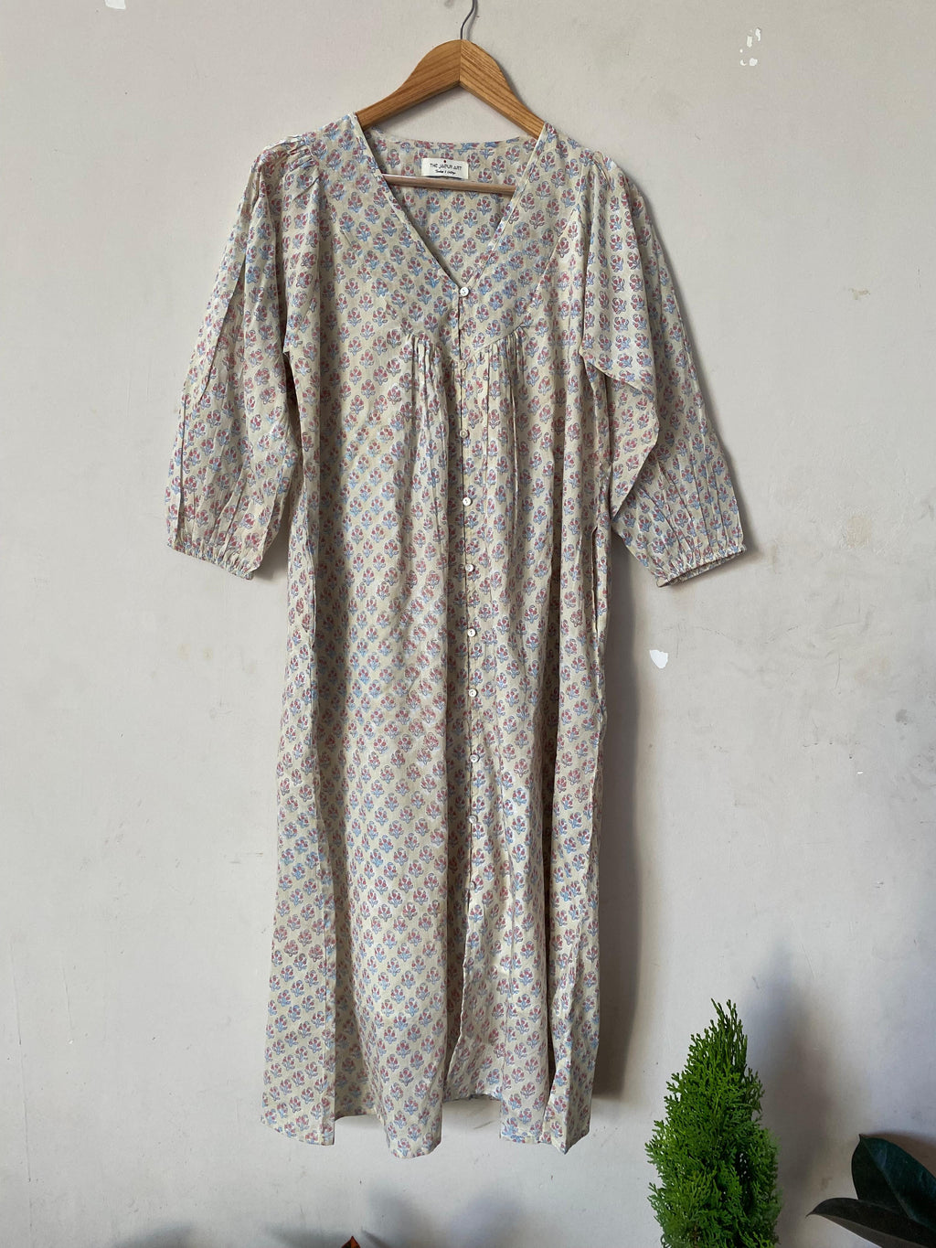 Hand Block Printed V Neck Full Sleeves With Two Pockets Handmade Jaipuri Midi Dress