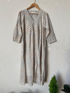 Hand Block Printed V Neck Full Sleeves With Two Pockets Handmade Jaipuri Midi Dress
