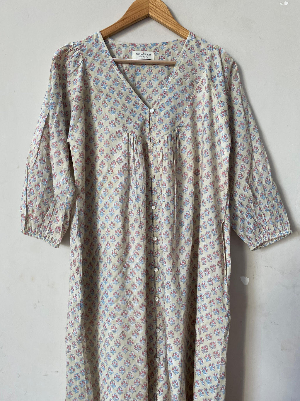 Hand Block Printed V Neck Full Sleeves With Two Pockets Handmade Jaipuri Midi Dress