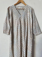 Hand Block Printed V Neck Full Sleeves With Two Pockets Handmade Jaipuri Midi Dress