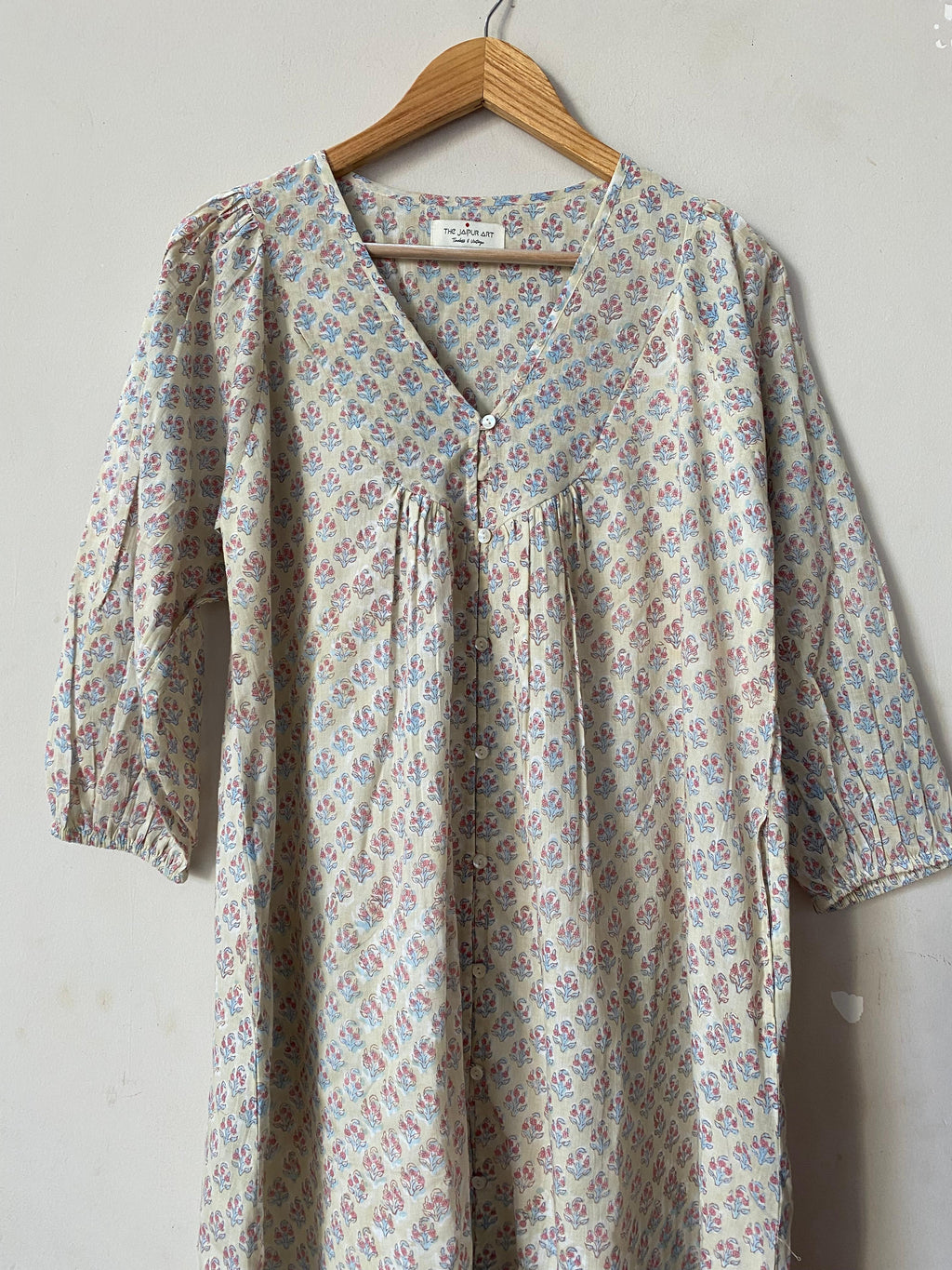 Hand Block Printed V Neck Full Sleeves With Two Pockets Handmade Jaipuri Midi Dress