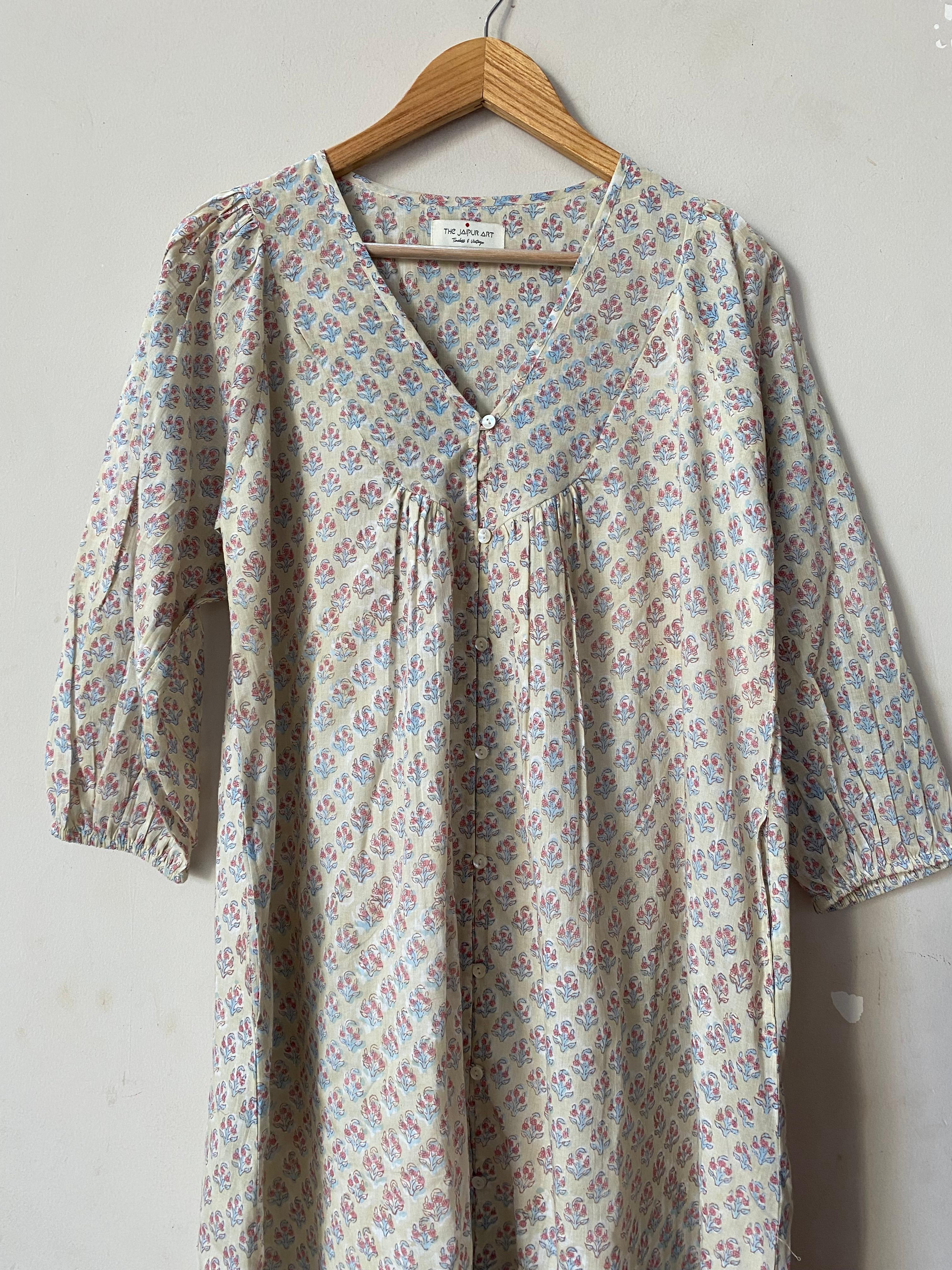 Hand Block Printed V Neck Full Sleeves With Two Pockets Handmade Jaipuri Midi Dress