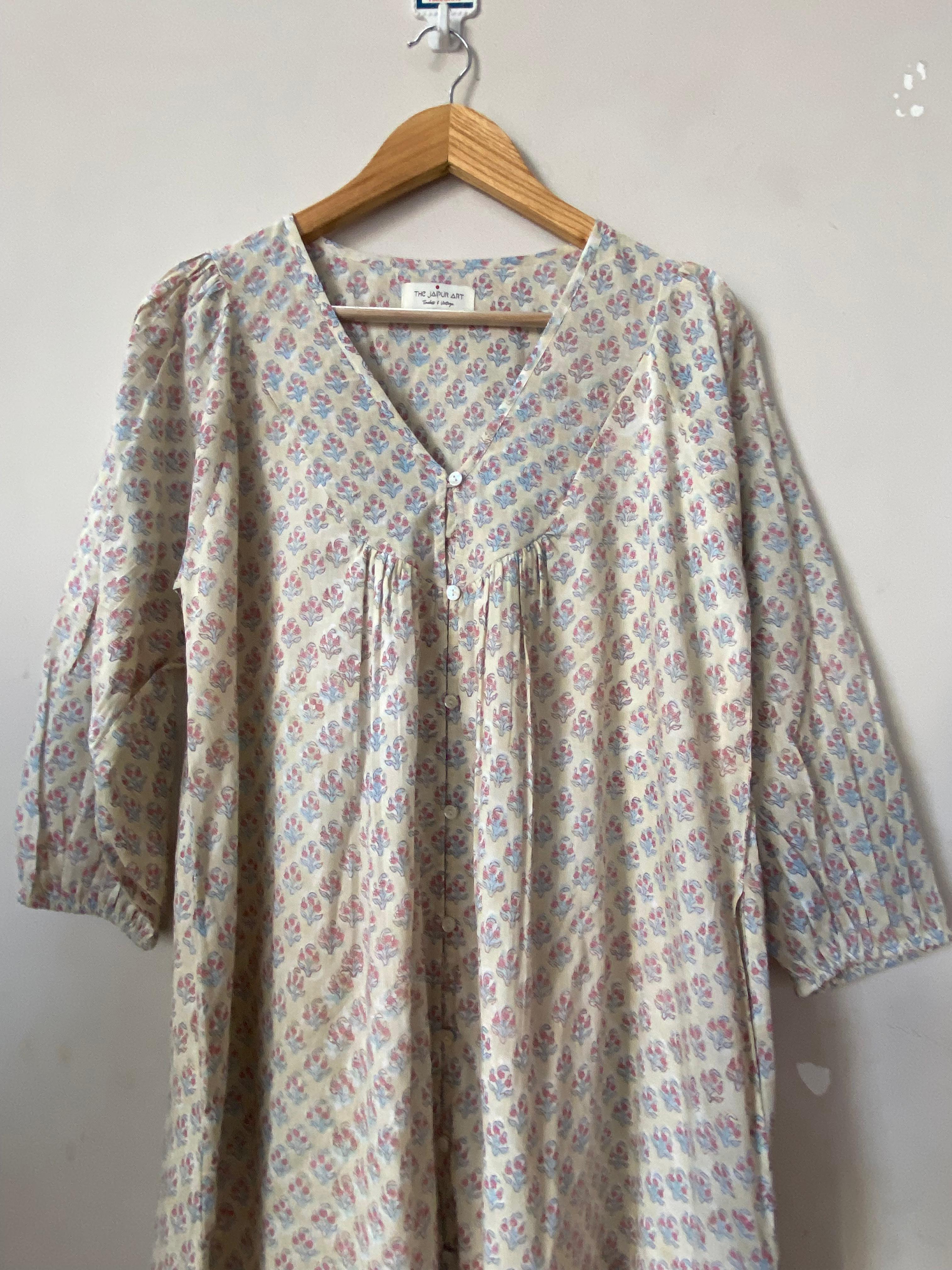 Hand Block Printed V Neck Full Sleeves With Two Pockets Handmade Jaipuri Midi Dress