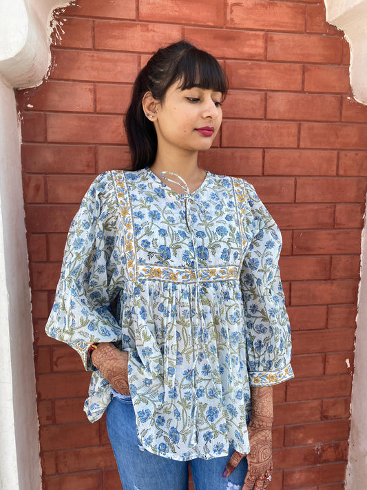 Hand Block printed Cotton Blue Tops