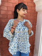 Hand Block printed Cotton Blue Tops