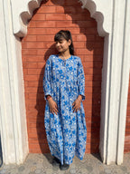 Hand Block Printed Emilie~ Sky Blue Midi Dress