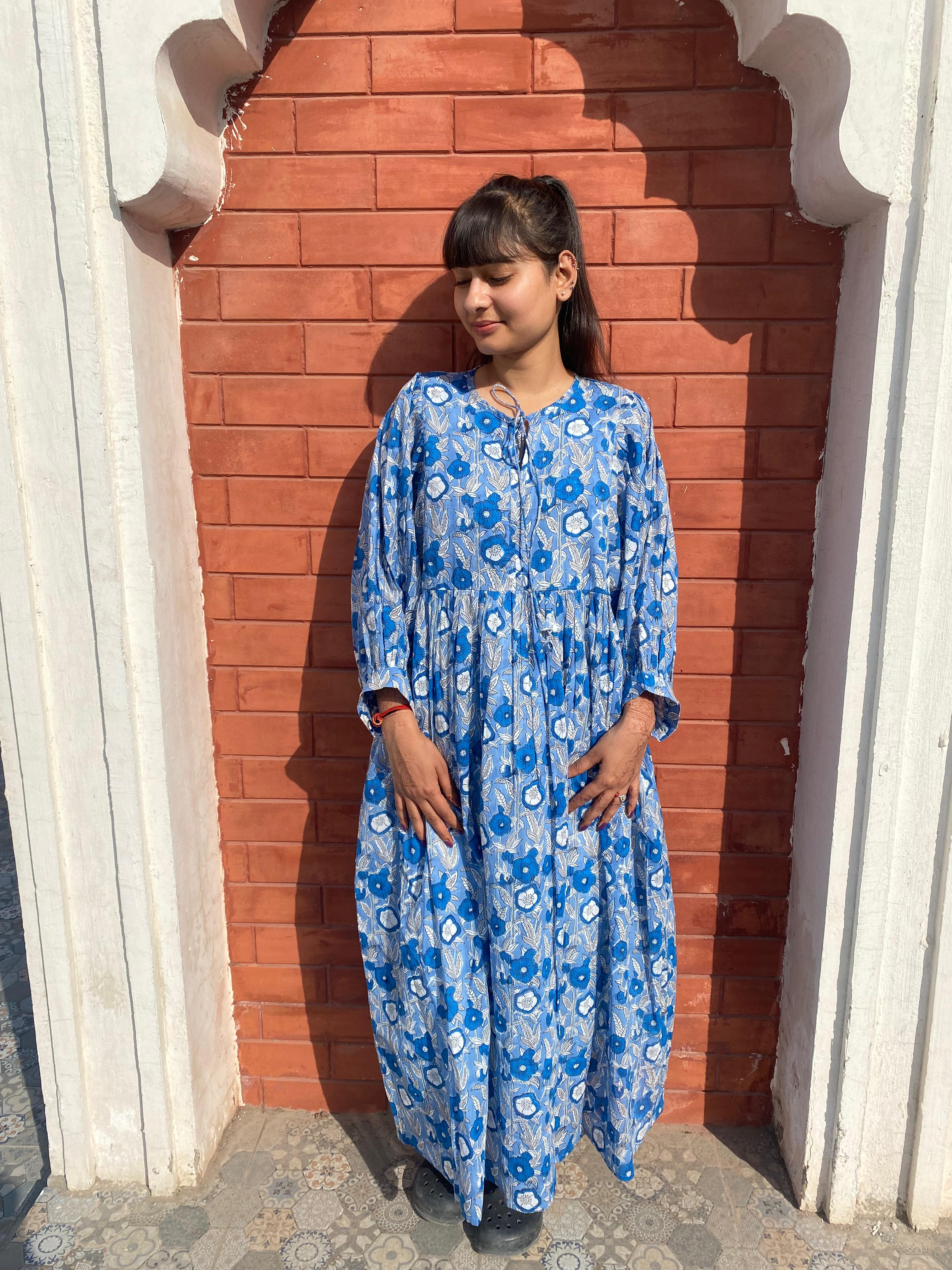 Hand Block Printed Emilie~ Sky Blue Midi Dress
