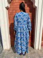 Hand Block Printed Emilie~ Sky Blue Midi Dress