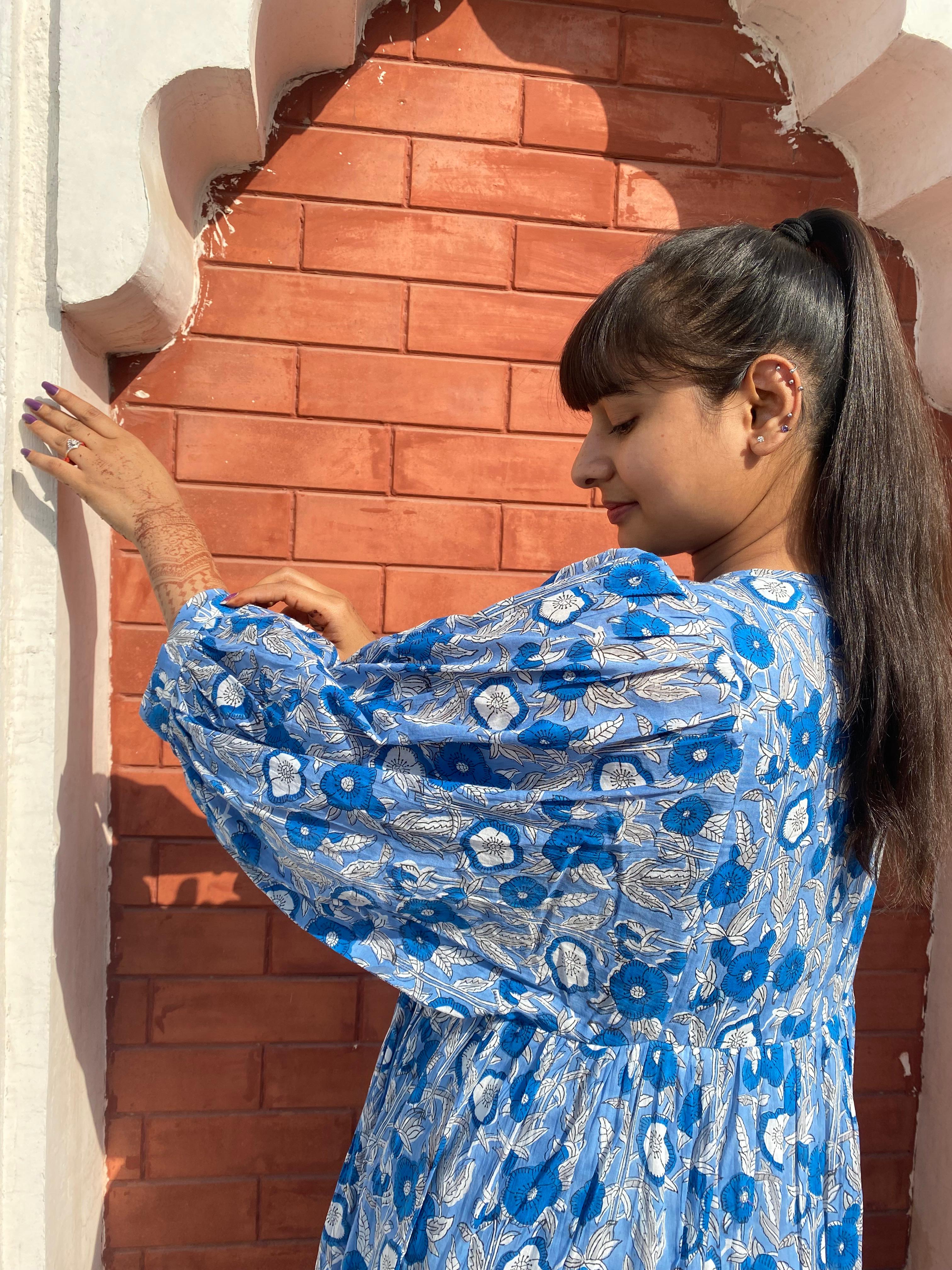 Hand Block Printed Emilie~ Sky Blue Midi Dress