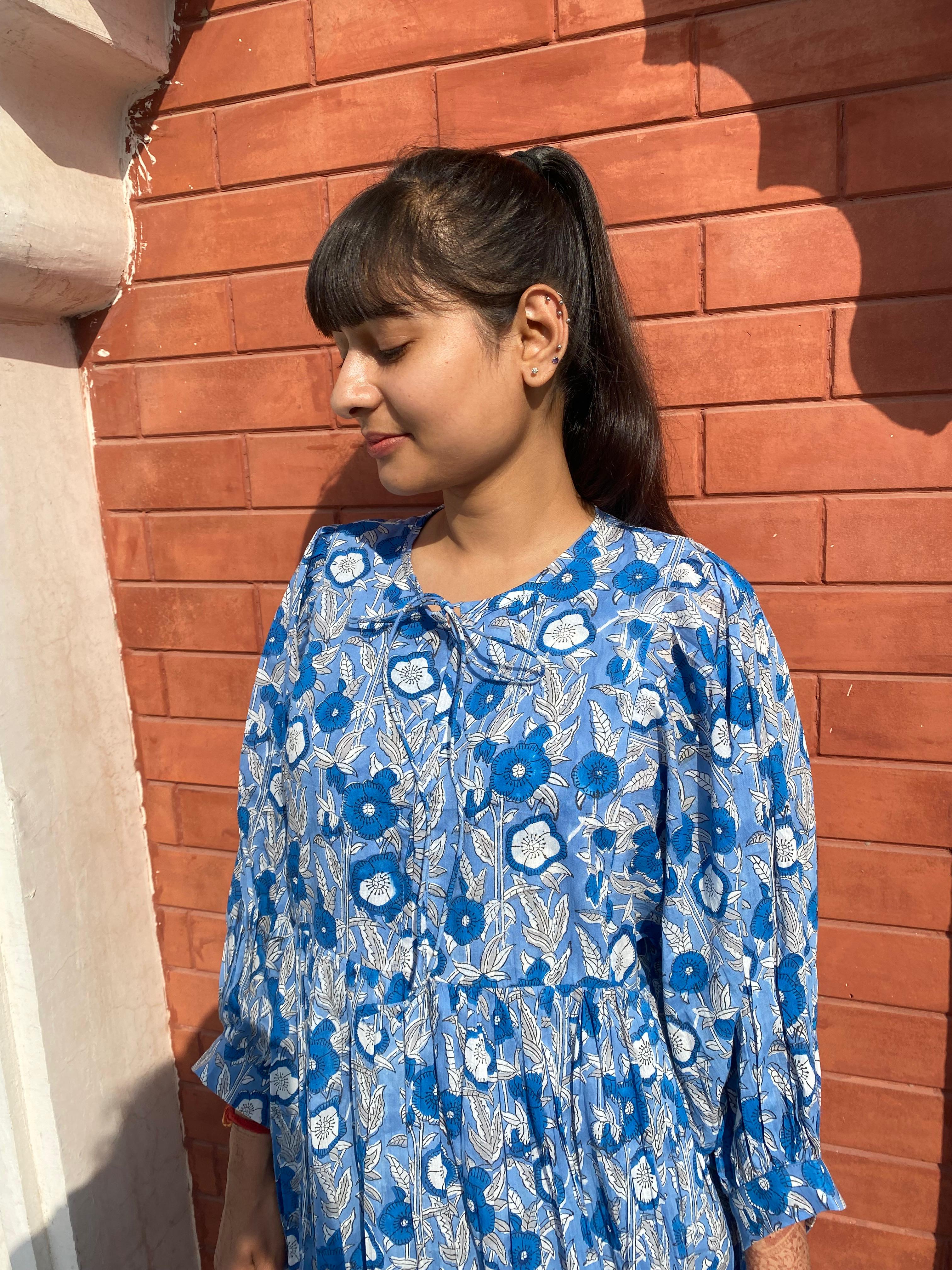 Hand Block Printed Emilie~ Sky Blue Midi Dress