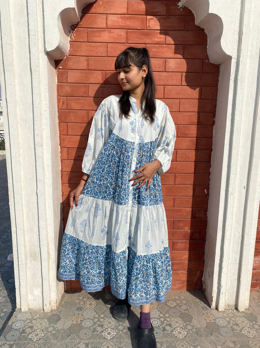 Introducing Beautiful Hand Block printed White Blue Midi Dress