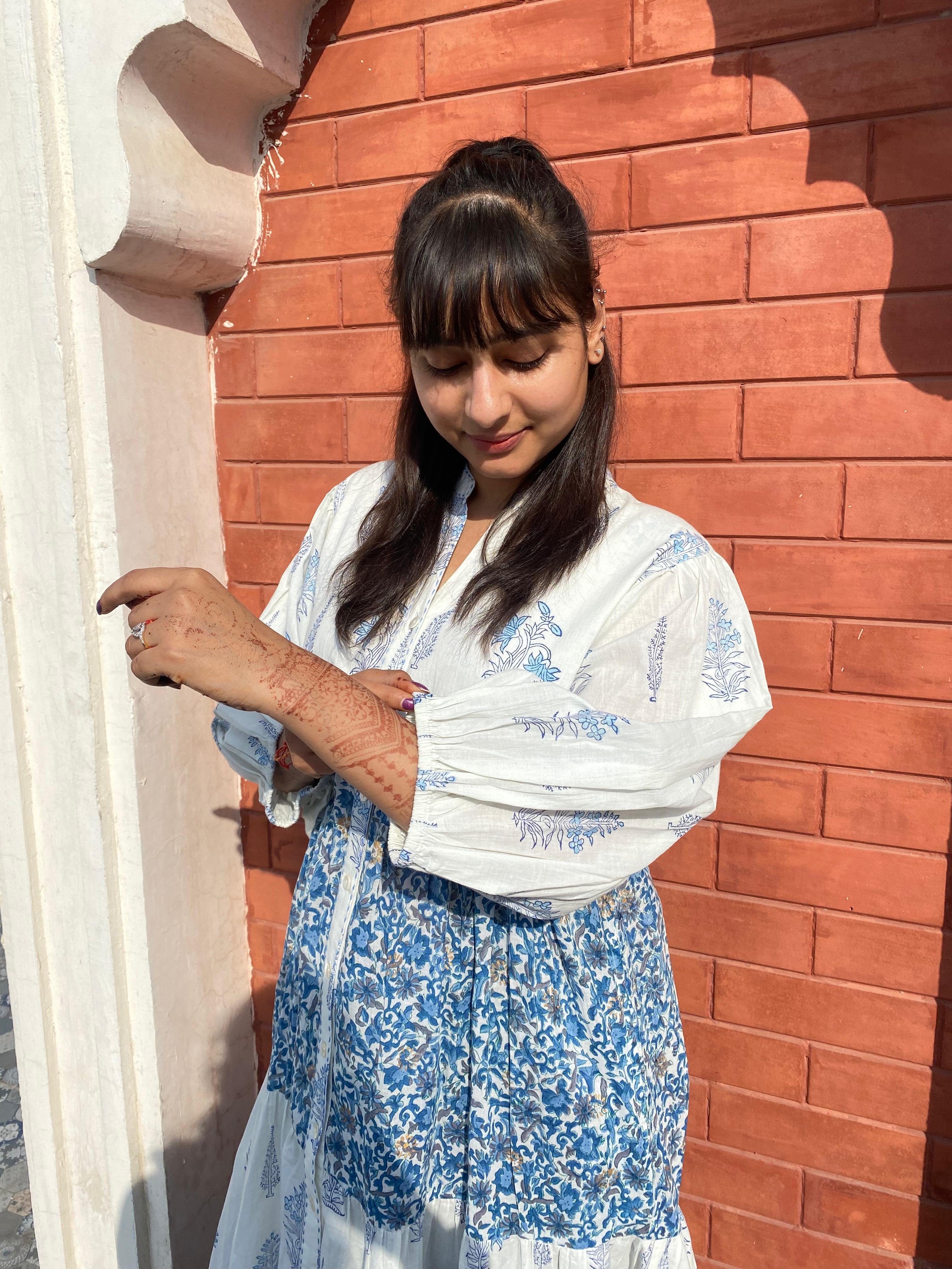 Introducing Beautiful Hand Block printed White Blue Midi Dress