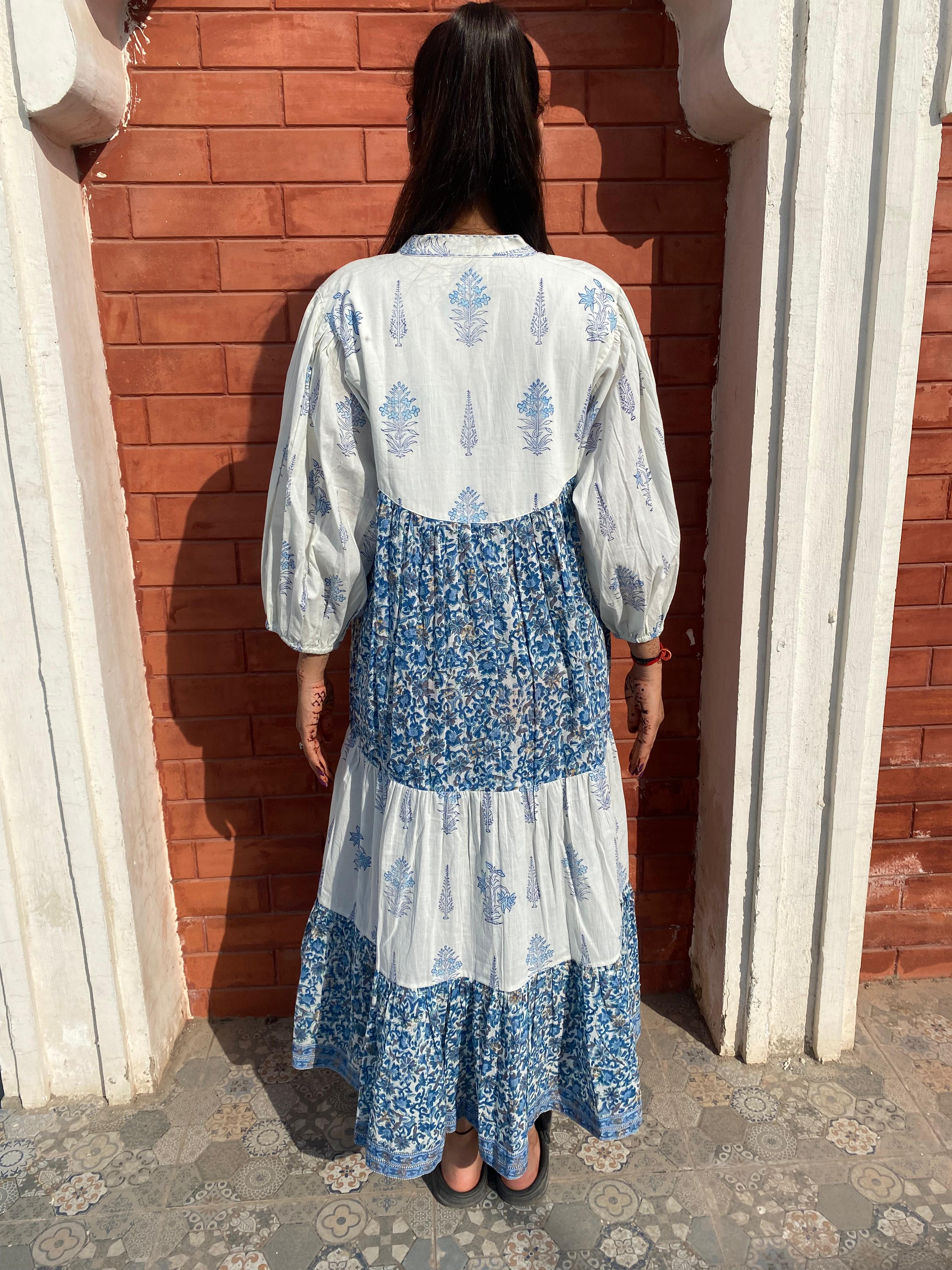 Introducing Beautiful Hand Block printed White Blue Midi Dress