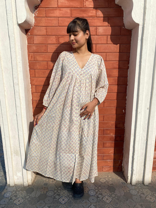 Hand Block Printed V Neck Full Sleeves With Two Pockets Handmade Jaipuri Midi Dress