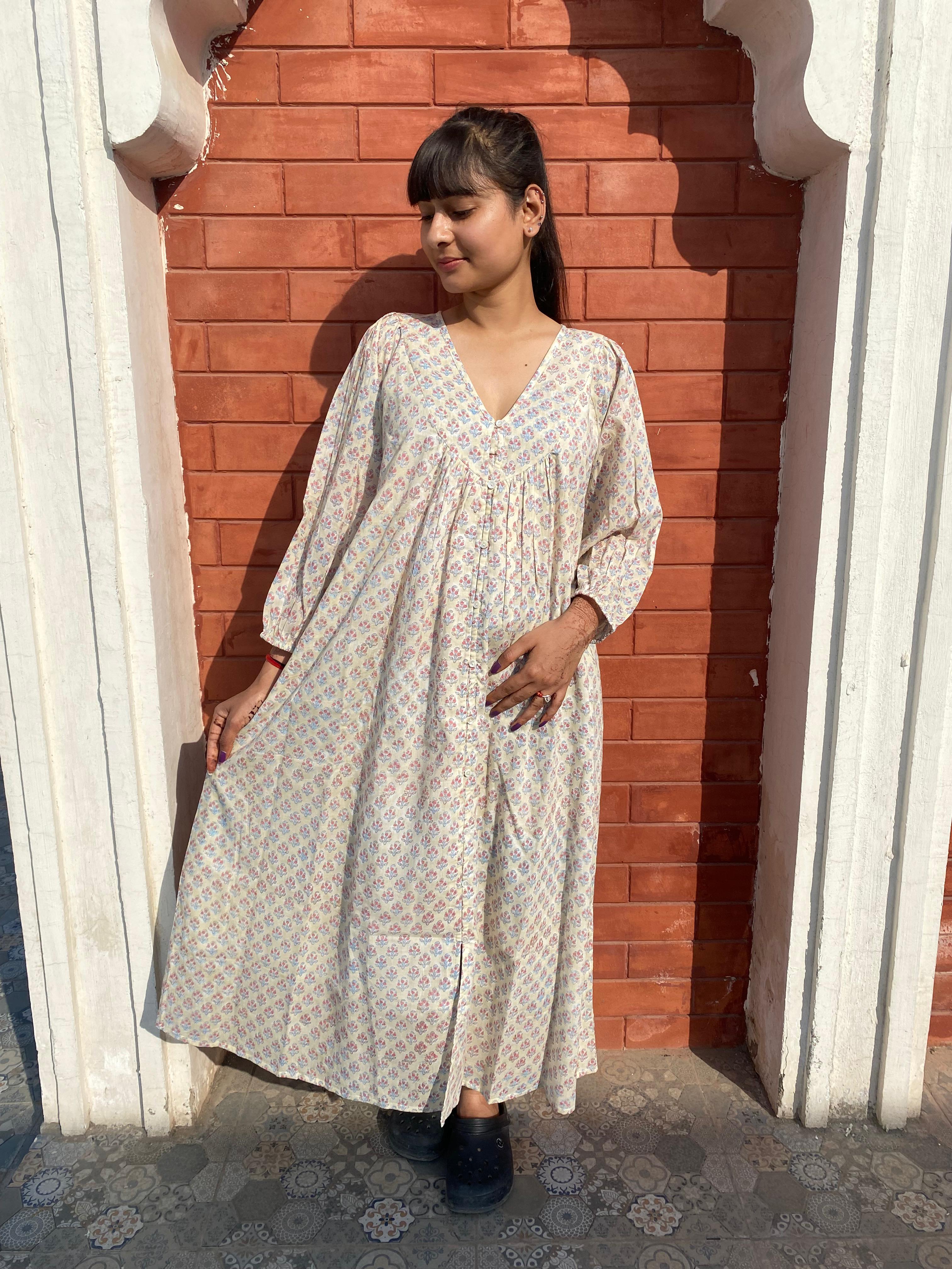 Hand Block Printed V Neck Full Sleeves With Two Pockets Handmade Jaipuri Midi Dress