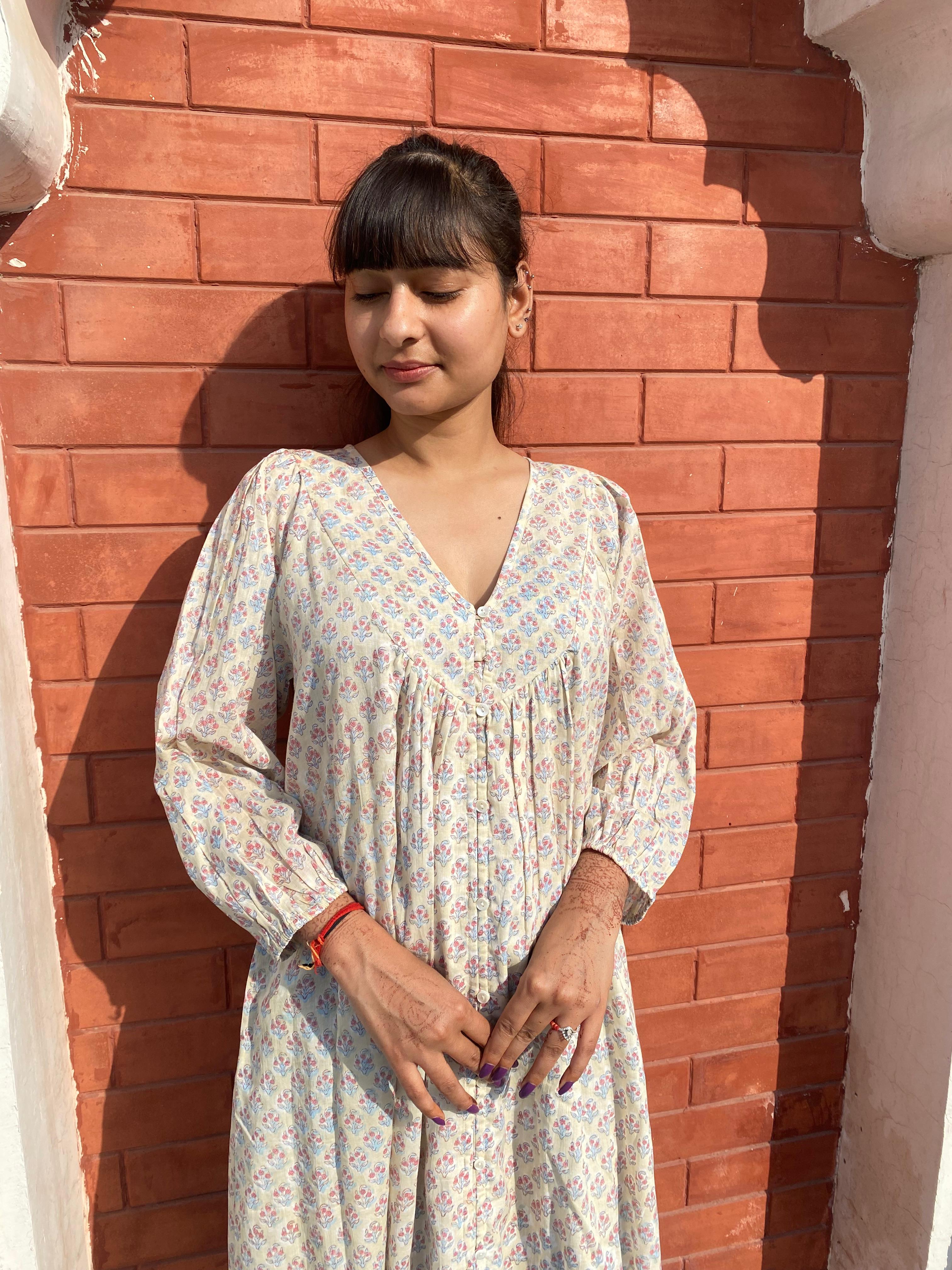 Hand Block Printed V Neck Full Sleeves With Two Pockets Handmade Jaipuri Midi Dress