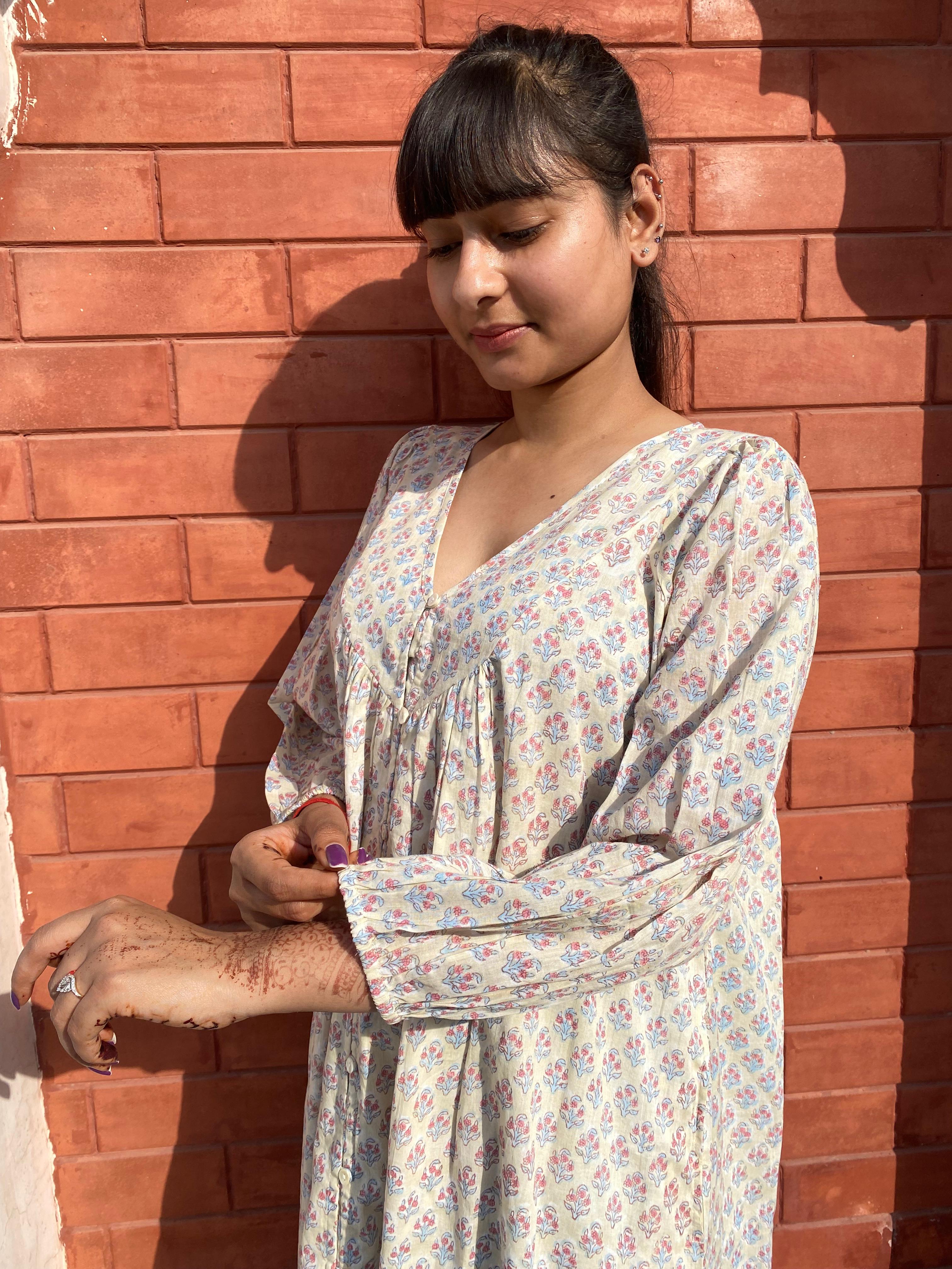 Hand Block Printed V Neck Full Sleeves With Two Pockets Handmade Jaipuri Midi Dress