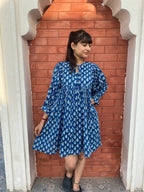 Beautiful Hand Block printed Cotton Blue Mini Dress