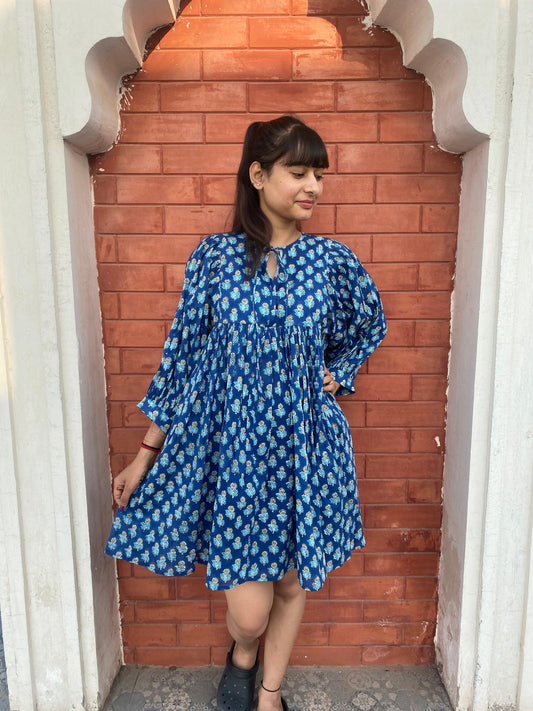 Beautiful Hand Block printed Cotton Blue Mini Dress