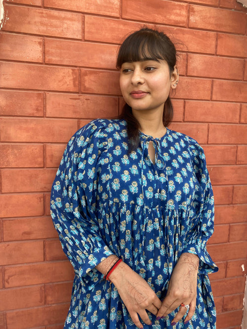 Beautiful Hand Block printed Cotton Blue Mini Dress