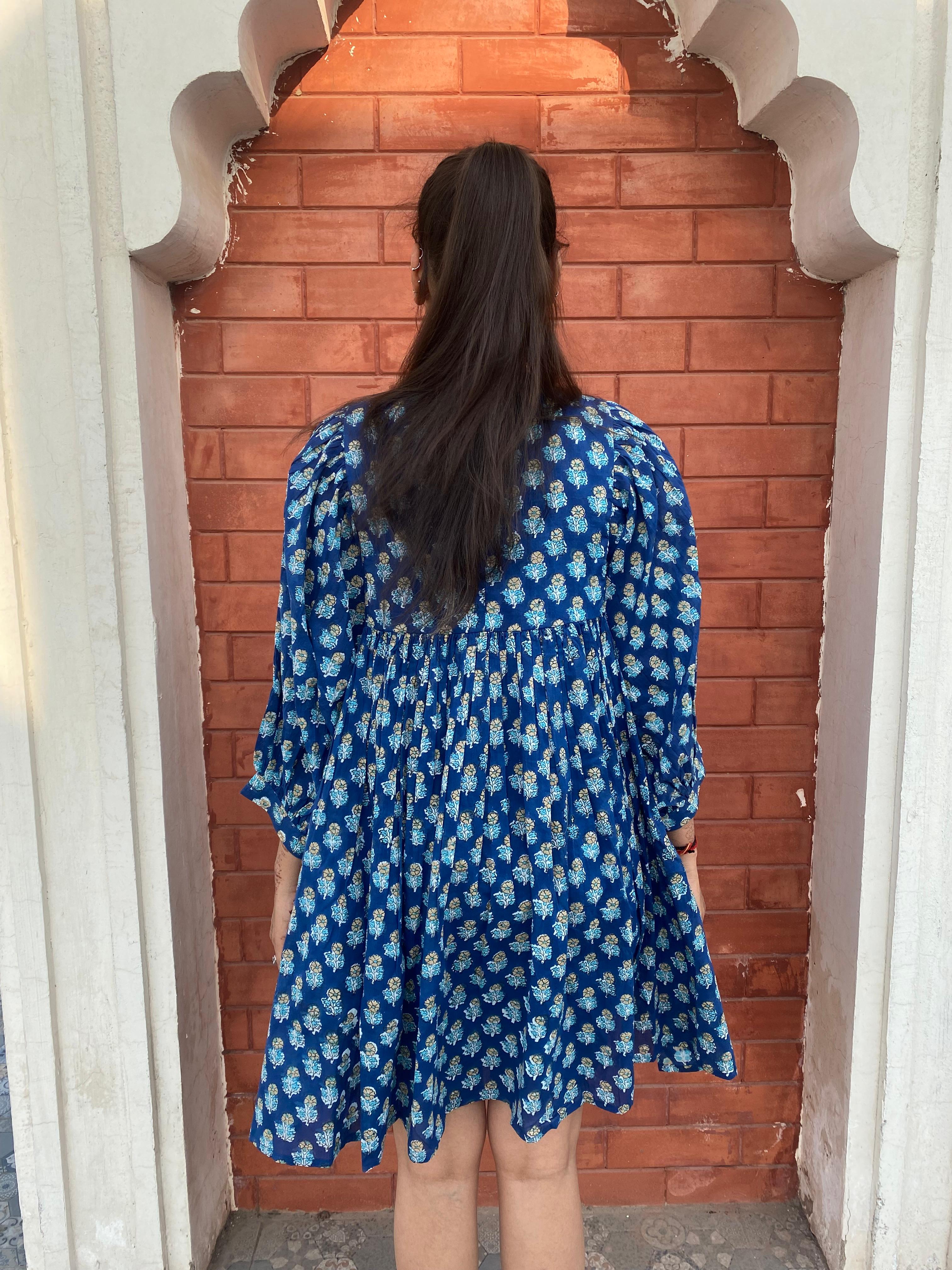 Beautiful Hand Block printed Cotton Blue Mini Dress