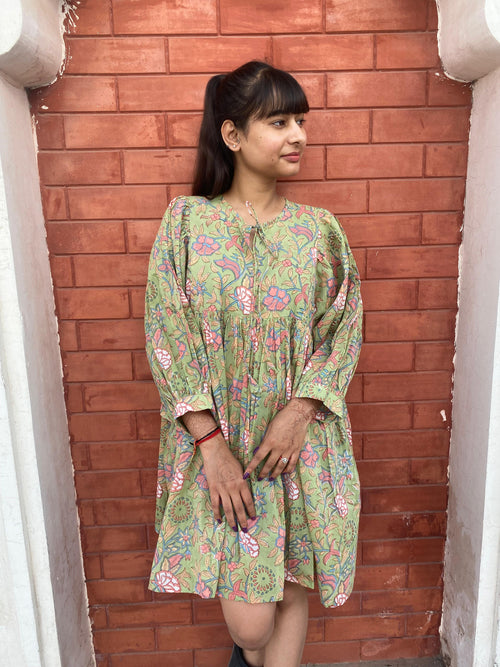 Beautiful Hand Block printed Cotton Floral Mini Dress
