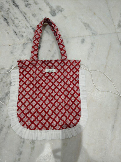 Quilted Hand block Printed Tote Bag with Frill – 100% Cotton | 34x38 cm