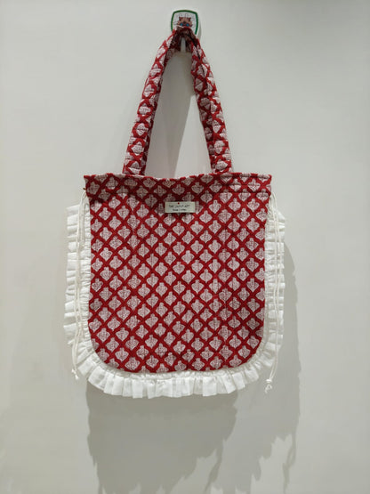 Quilted Hand block Printed Tote Bag with Frill – 100% Cotton | 34x38 cm
