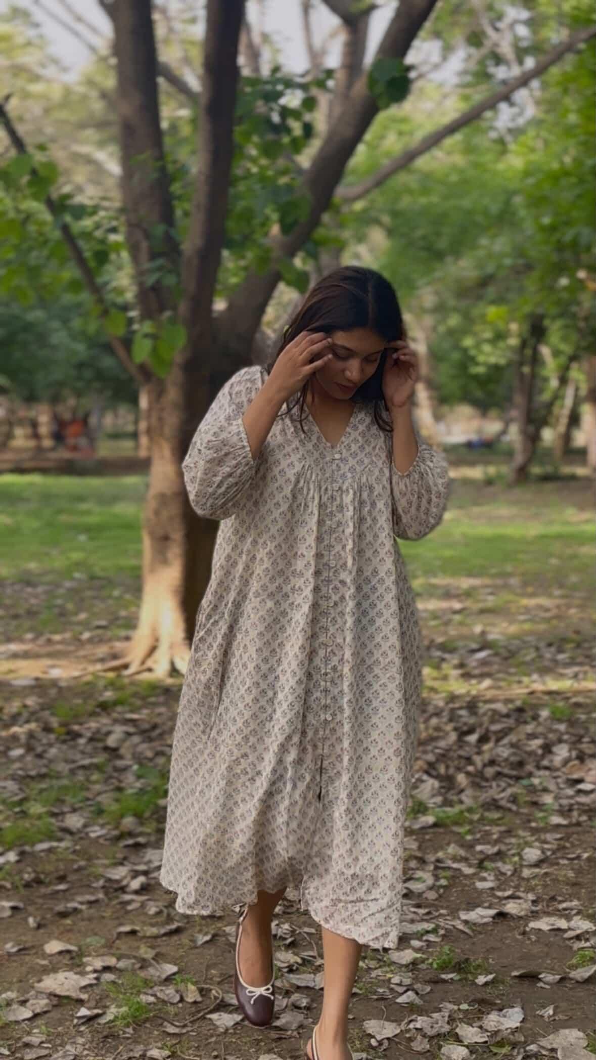 Hand Block Printed V Neck Full Sleeves With Two Pockets Handmade Jaipuri Midi Dress