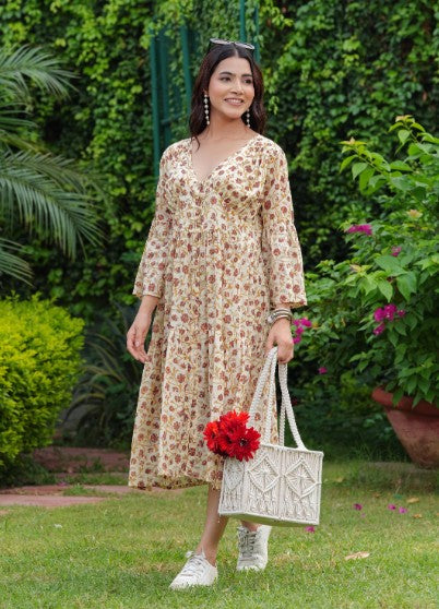 Hand Block Printed Beige Boho Midi Dress